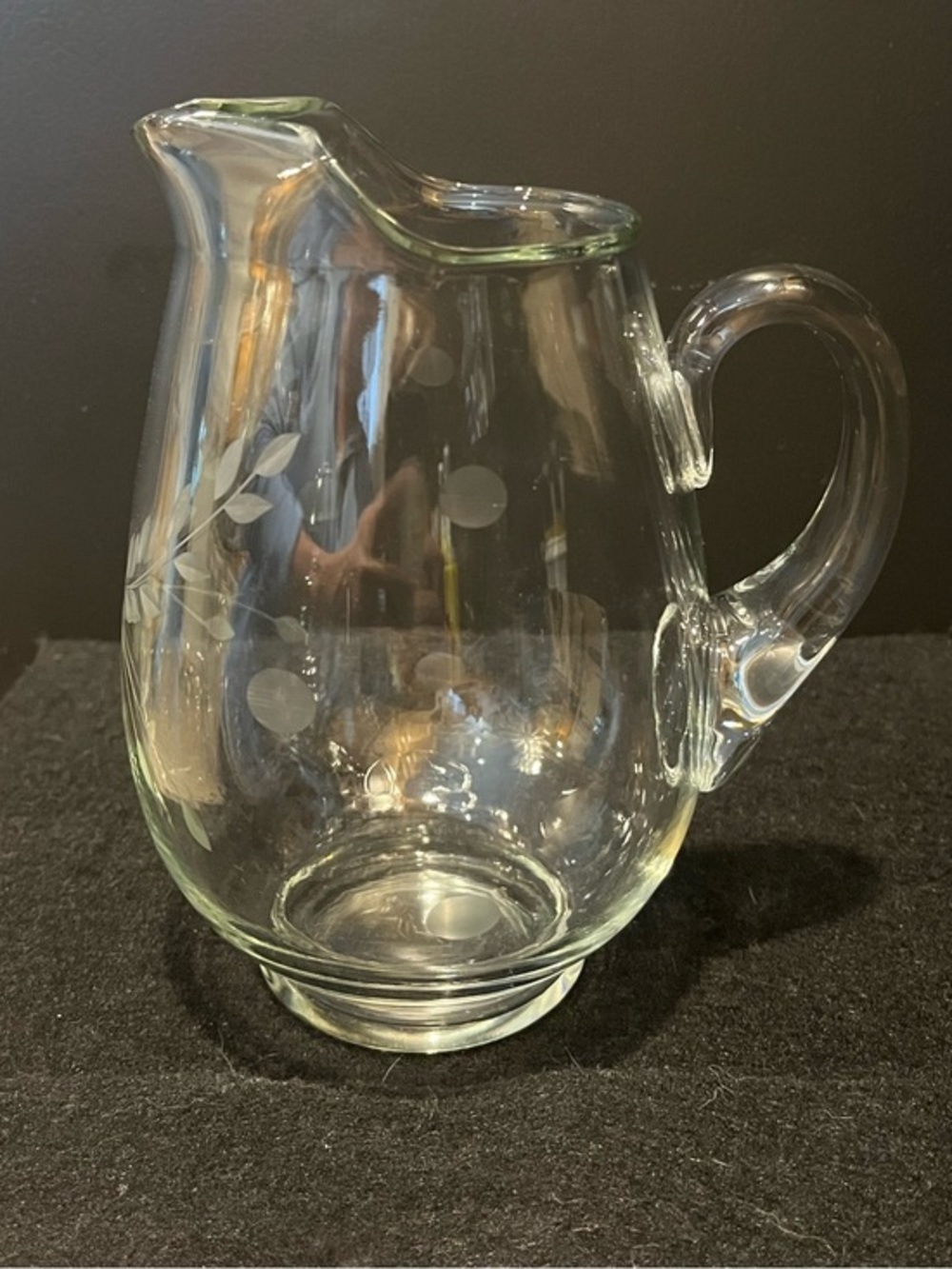 Vintage Clear Glass Pitcher with Delicate Etched Floral and Leaf Motif 4.5 Cup